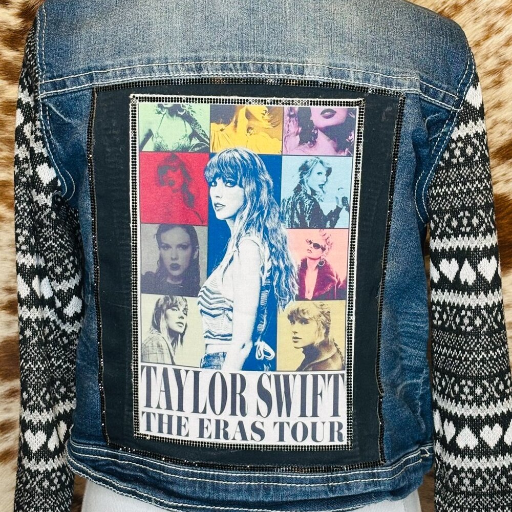 Eye Catching Rhinestone accent UpCycled TS Eras tour applique Jean jacket- L